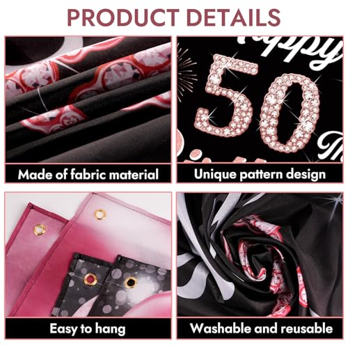 Image of 50th Birthday Decorations for Women - Happy 50th Birthday Banner Decorations Cheers to 50 Years Birthday Party Indoor and Outdoor Decoration Suppiles Pink Backdrop for 50th Birthday Party Favors Decor