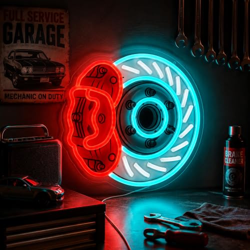 Image of Brake Disc Neon Sign, USB Powered LED Garage Wall Decor |Automotive Wall Decor for Garage, Game Room, Bedroom, Workshop, Party Decoration and Car Enthusiast Gift