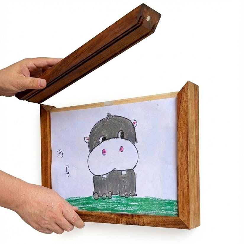 Kids Art Storage Frame – Wooden Artwork Display & Organizer with Magnetic Lid | Store & Showcase Drawings – Wall Mount Frame for Kids Room & Classroom Holds 150 Drawings, Bonus 10 Coloring Page (1)