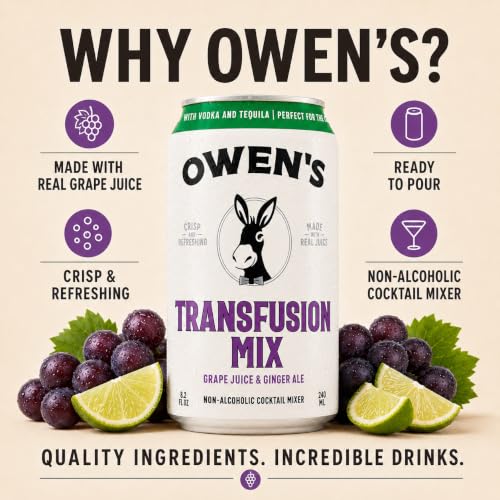 Image of Owen's Premium Non-Alcoholic Sparkling Cocktail and Mocktail Mixer, Drink Mixer for Cocktails, Mocktails, and Party Beverage, 4 Pack of 8.2 fl oz Cans (Transfusion Mix)