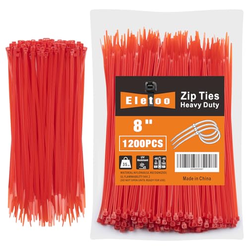 Eletoo 8 Inch Red Zip Ties 1200 Pack 35 LBS Tensile Strength Self-Locking Nylon UV Resistant Cable Ties for Indoor and Outdoor
