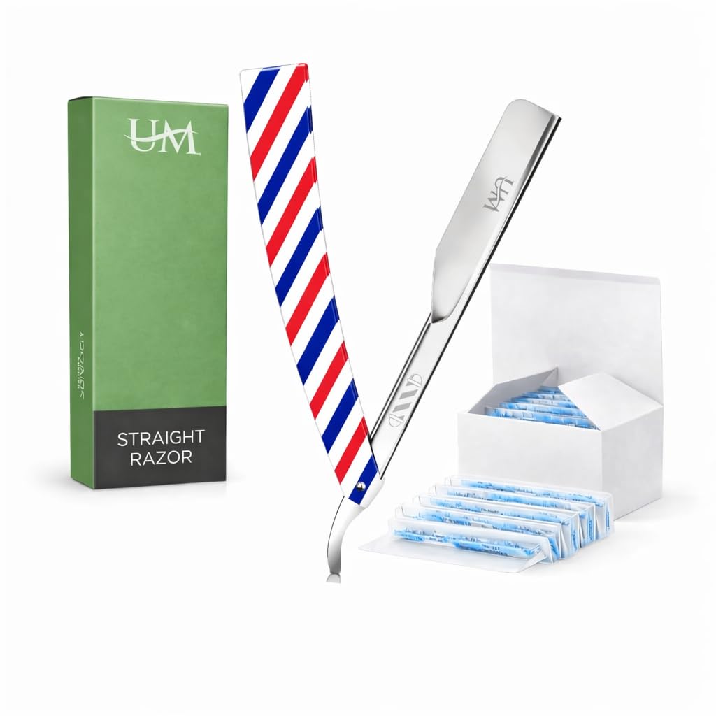 UM Supplies Straight Edge Razor Professional Barber Shaving Razor Kit With 10 Replaceable single Edge Blades (Red, White, Blue)
