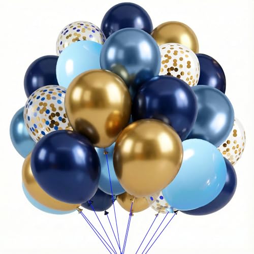 Image of Navy Blue and Gold Balloons,65pcs 12 inch Different Shades Blue Gold Balloon with Metallic Gold Confetti Balloons for Birthday Graduation Wedding Bridal Shower Baby Shower Father's Day