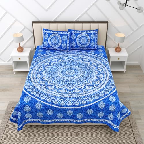 Image of RajasthaniKart 144 TC Pure 100% Cotton Double Bed Sheet with 2 Pillow Covers (Bedsheet for Double Bed Cotton, Blue Star Jaipuri, King Size,5296)