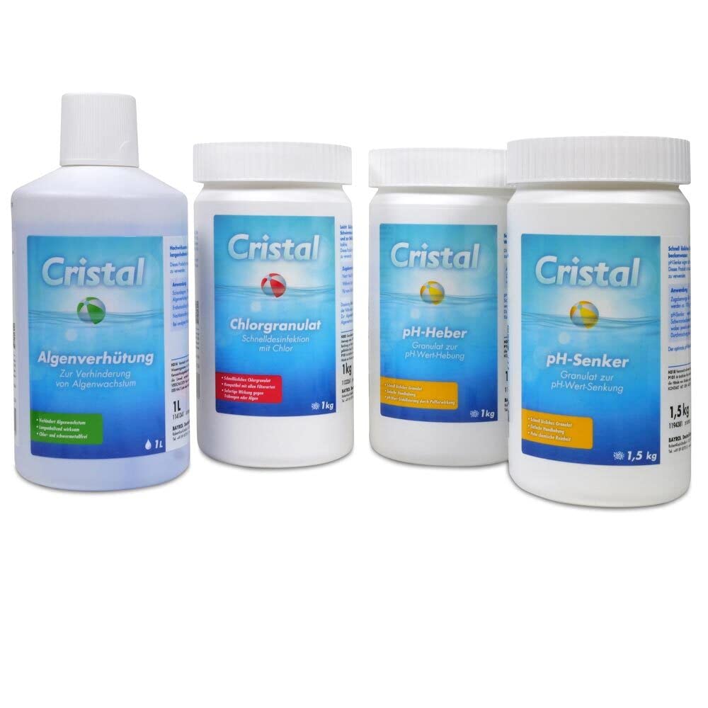 Cristal Wasserpflege Set - Chlorgranulat 1 kg - pH-Heber 1kg - pH-Senker 1,5 kg - Algenverhütung 1 l - Pflegebroschüre - Komplettpflege Pool Whirlpool