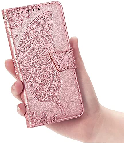 Image of ClickCase Butterfly Series for iPhone 15 Plus Leather Embossing Wallet Flip Case Kick Stand Magnetic Closure Flip Cover for iPhone 15 Plus (Rose Gold)