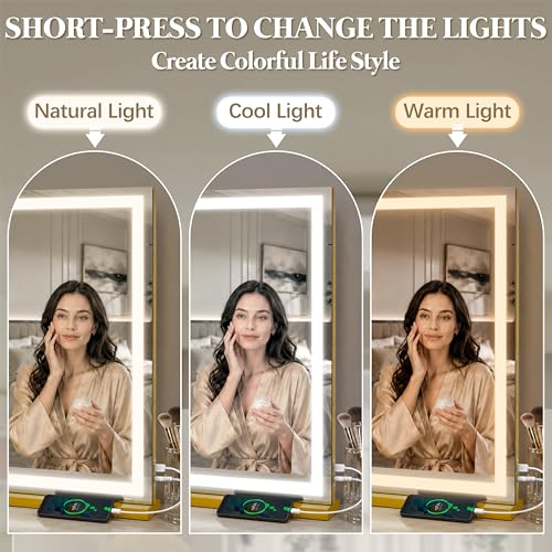 Image of FENNIO Large Vanity Mirror with Lights,35.5 inch x 27 inch LED Makeup Mirror,Hollywood Mirror with 3 Color Modes & Adjustable Brightness,Vanity Mirror Square Gold