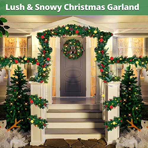 Pre-Lit Artificial Christmas Garland 9 Feet, Mixed Pine Decorated With Silver Pine Cone Red Berry 8 Modes And Timer, Battery Operated Lights For Xmas Mantle Fireplace Door Window Stairs Railing Decor #TOP6