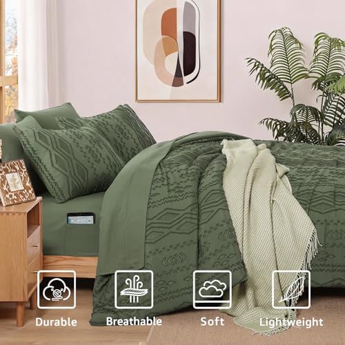 Image of WRENSONGE King Size Comforter Set with Sheets - 7 Pieces Olive Green Tufted Bed in a Bag King Shabby Chic Bedding Sets with 1 Comforter, 2 Sheets, 2 Pillowcases & 2 Shams