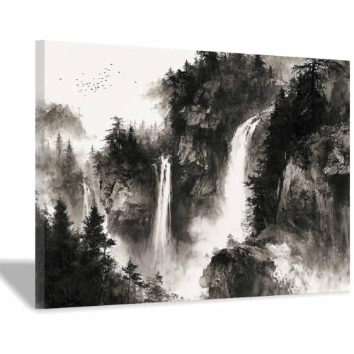 Cascade de la montagne art mural noir et blanc hoqiu pour décoration de salon et chambre zen