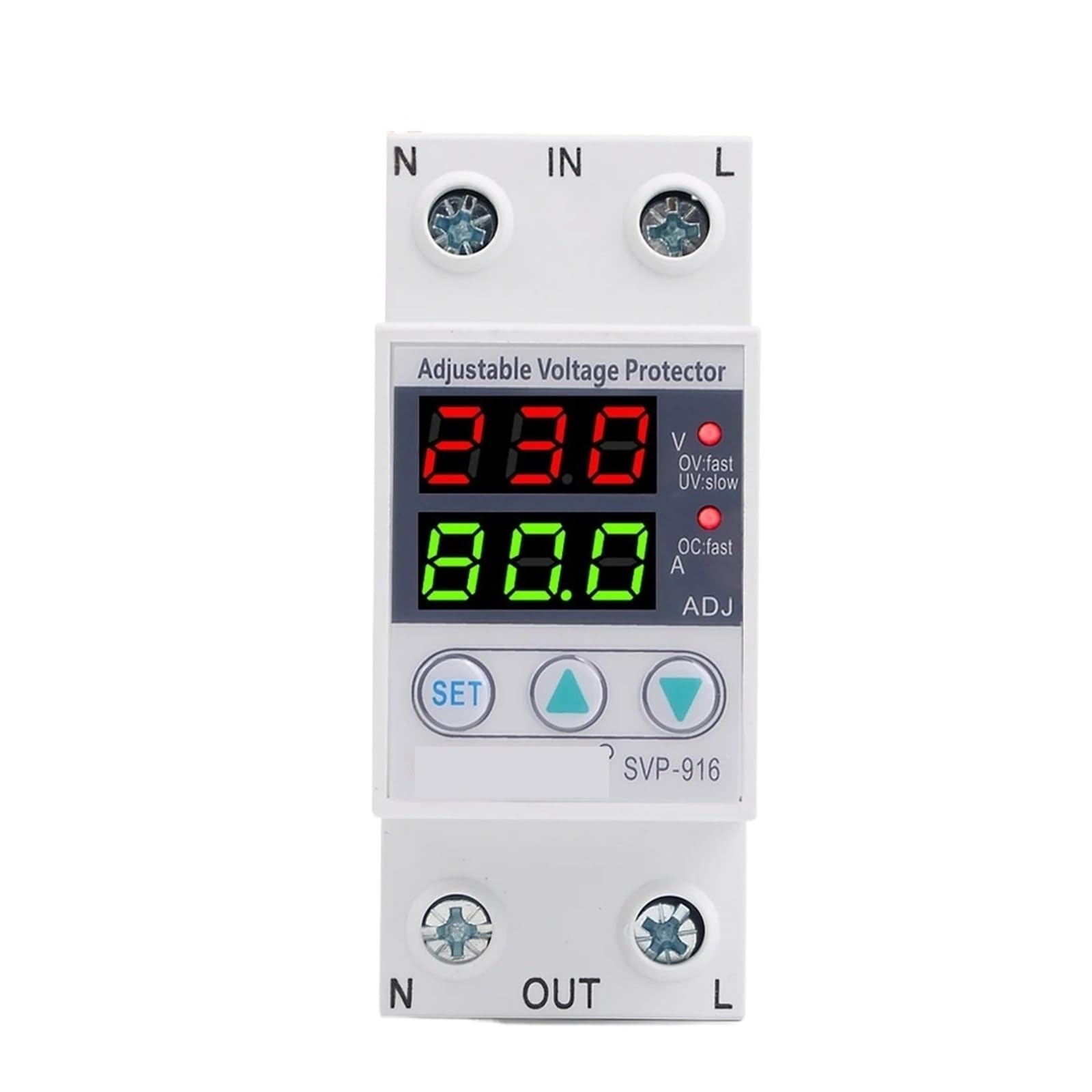 Zabezpieczenie przeciwprzepięciowe 40 A, 63 A, 80 A na szynę DIN, podwójny wyświetlacz LED, 230 V, regulowane napięcie, w zestawie przekaźnik i zabezpieczenie przeciwprzepięciowe z ograniczeniem prądu