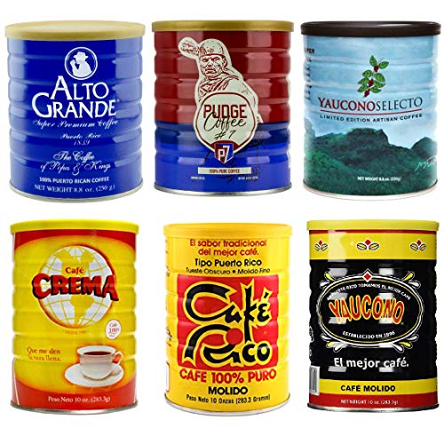 Alto Grande, Pudge, Yaucono Selecto, Cafe Crema, Cafe Rico, and Yaucono Ground Coffee, 8.8 Ounce Canisters, Puerto Rico Coffee Roasters Variety Bundle Gift Collectors Case