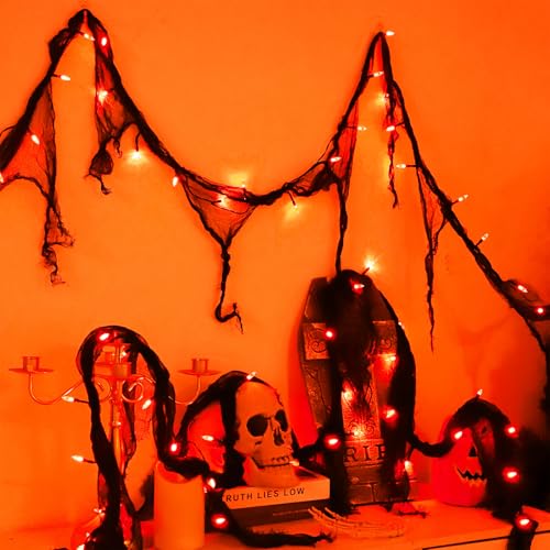 Halloween Fairy String Lights Indoor,Orange Battery Operated Lights, 30LED Battery Powered Timer 8 Mode 9.9Ft, Fall Garland with Black Cloth Gauze for Party Room Mental Fireplace Decorations (1PACK)