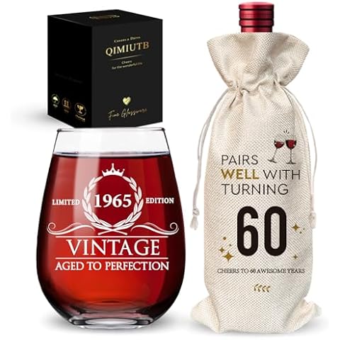 QIMIUTB 1965 Limited Edition 60th birthday Wine Glass gifts for women,60th Birthday Aged to Perfection, 60th Birthday Presents for Mom 60th Birthday Party, 1 Pack Reusable Burlap Wine Bag-127 Cover