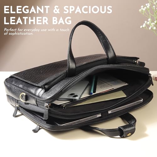 Image of STEVE JHONSON Leather Laptop Bags for Men - 16 Inches Office Bag for Men with Shoulder Strap, Shoulder Messenger Bags for Travel, Executive Side Handbag (Black)