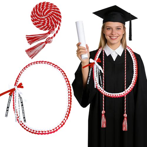 Karyllena 2 PCS Graduation Leis 2026 Graduation Cords Set Red White Graduations Necklace and Honor Cord, Class of 2026 Grad Gifts for Him Her, Braided Ribbon Lei Grad Accessories Party Supplies