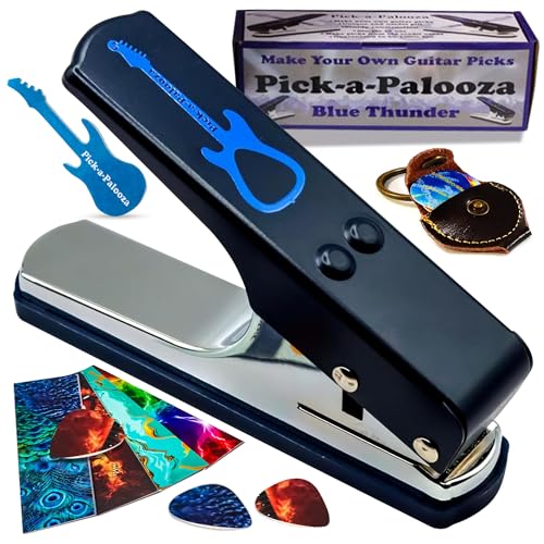 Pick-a-Palooza DIY Guitar Pick Punch Gift Pack - Premium Pick-Maker with Leather Key Chain Holder 4 Strips and a File - Blue Punch Assorted Strips