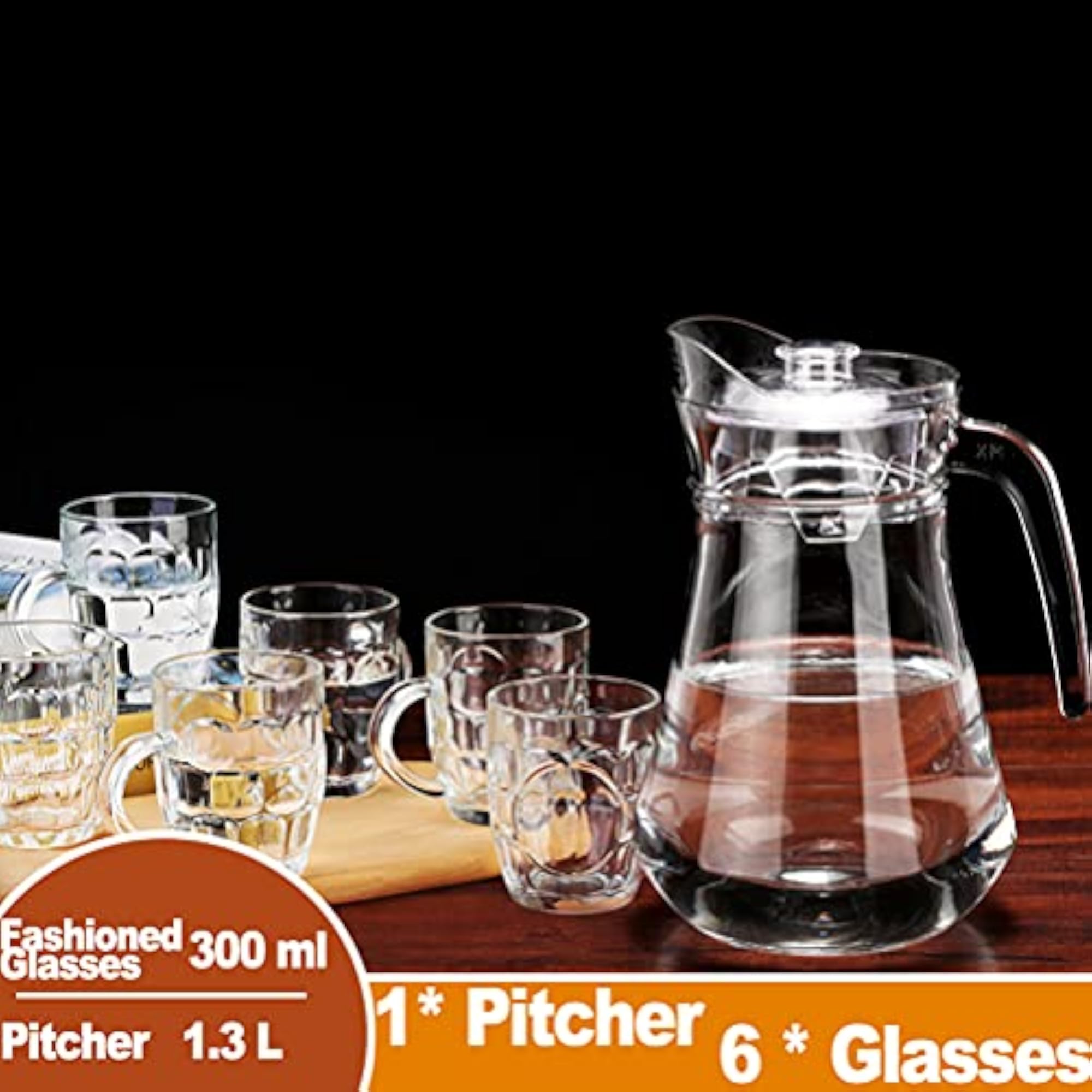 Glass Pitcher Set with Lid and 6 Drinking Glasses