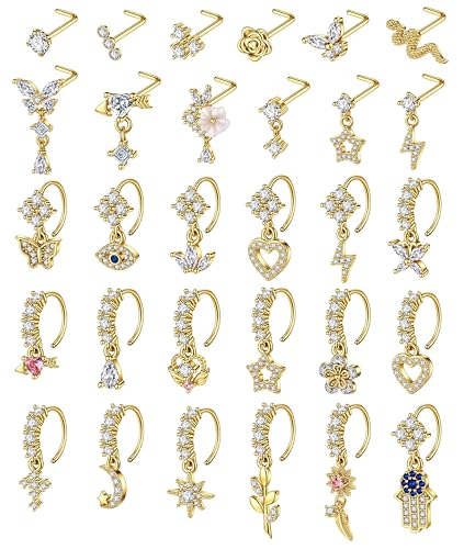 SONNYX 30Pcs 20G Dangle Nose Rings L Shaped Nose Studs Hoops for Women Copper Dangly Nose Rings CZ Flower Star Butterfly Heart Silver Gold Nose Piercing Jewelry