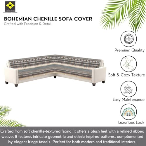 Image of Elegant Woven Grey Sofa Cover - Soft Chenille Traditional Pattern with Lace Style | L-Shape Sectional Seat Protector for Living Room | Durable & Stylish Slipcover 6 Seater L Shape