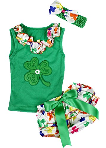 St Patrick Day Dress Rainbow Clover Lacing Green Shirt Leafs Bloomer Set 3-12m (Green)