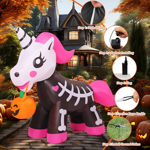 Aufblasbares Halloween-Skelett-Einhorn mit LEDs, 152 cm – Bild 5