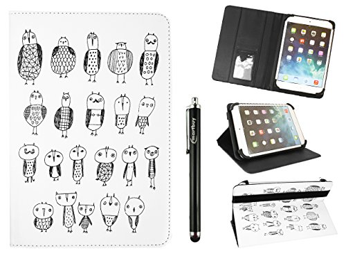 emartbuy Housse, Etui De Protection Universel 9-10 Pouces, Motif Hiboux Monochromes, avec Un Elastique, Stylet, Fentes pour Cartes Et Fonction Inclinable, Adaptée Aux Appareils Listés Ci-Dessous