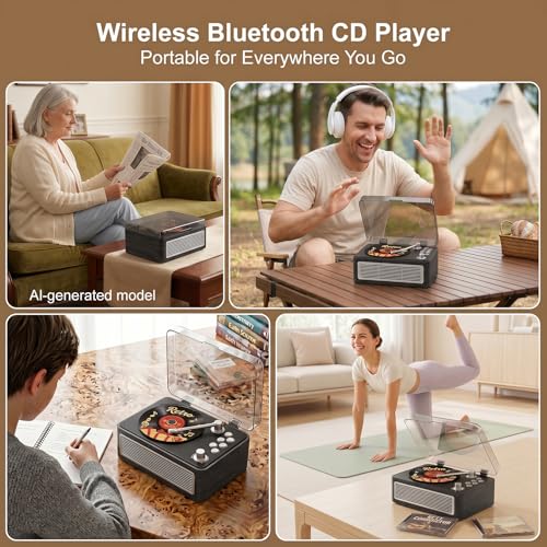 Image of Gueray Retro CD Player Portable Bluetooth CD Players with Speakers Vintage CD-Player 3600mAh Rechargeable & Radio & Remote Control Support USB /AUX Playback Headphone Jack (Walnut Color)