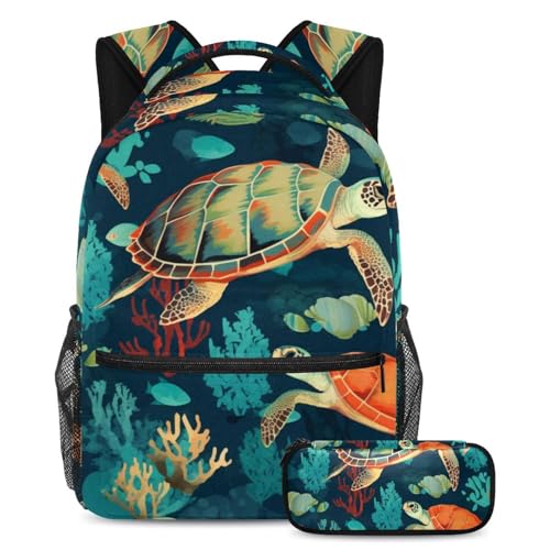 Sac à dos tortue de mer colorée avec trousse format large pour élève