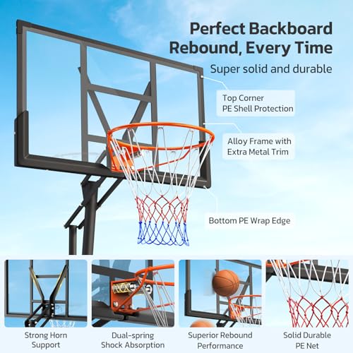 Basketball Hoop Outdoor Portable 44/48 Inch Backboard, 10ft Quickly Adjustable Basketball Goal System with Wheels for Court/Backyard/Driveway3