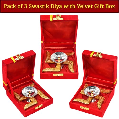 Image of Saugat Traders Diwali Bulk Corporate Gift for Clients - Pack of 3 Swastik Diya with Velvet Gift Box for Employees, Office Staff, Family, Colleagues - New Year Housewarming Spiritual Return Gifts