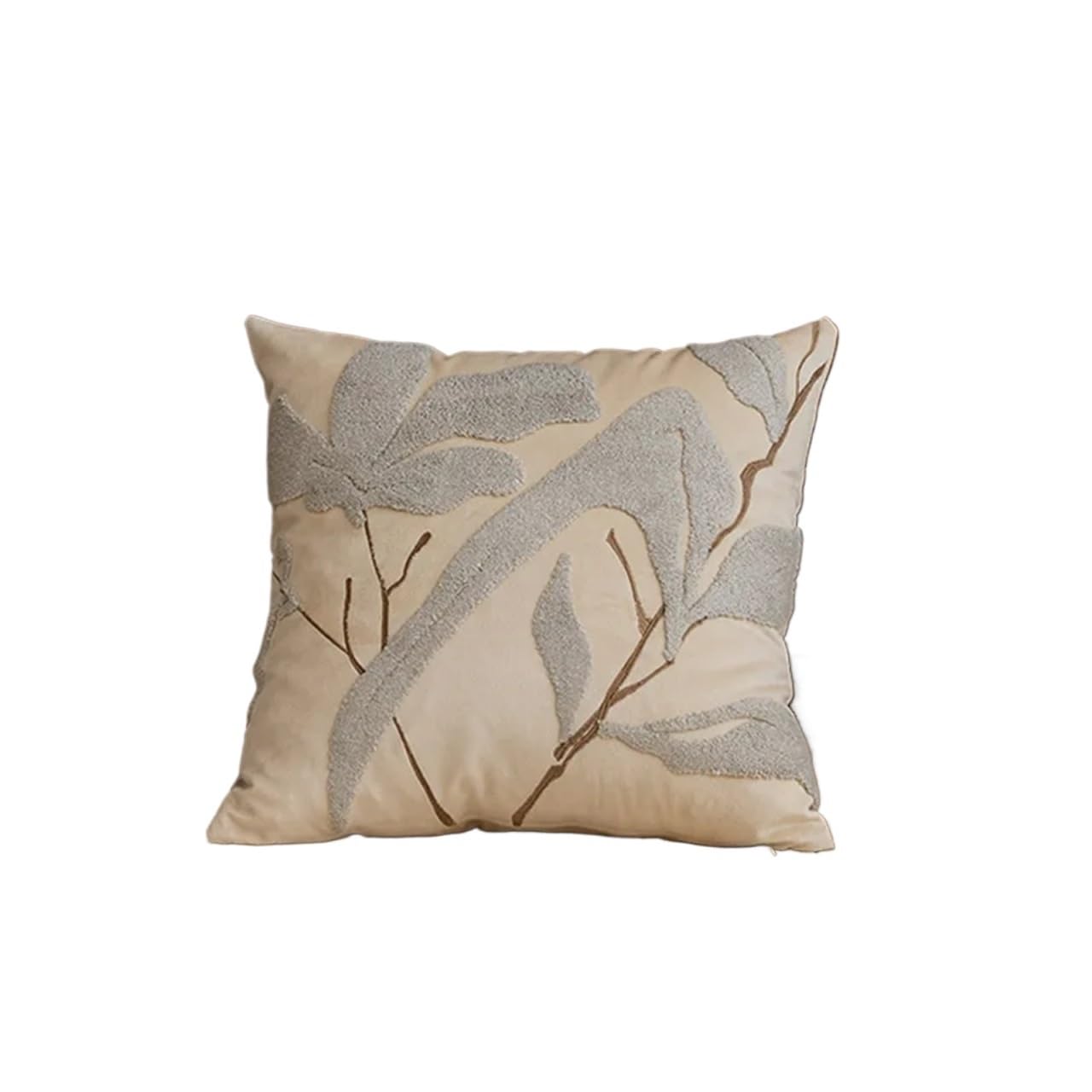 IUVYTA Chenille Pillow Covers Bamboo Leaf Embroidery Plush Cushion Cover 45x45 Modern Green Throw Pillow(Beige)