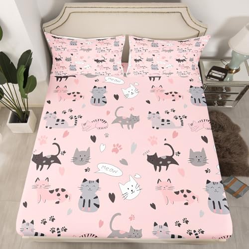 Erosebridal Pink Cat Twin Sheets for Girls Gray Black Cats Bed Sheets for Kids Boys Cute Paw Print Fitted Sheet Kawaii Hearts Bed Sets Kitten Meow Printed Bedroom Set Lightweight