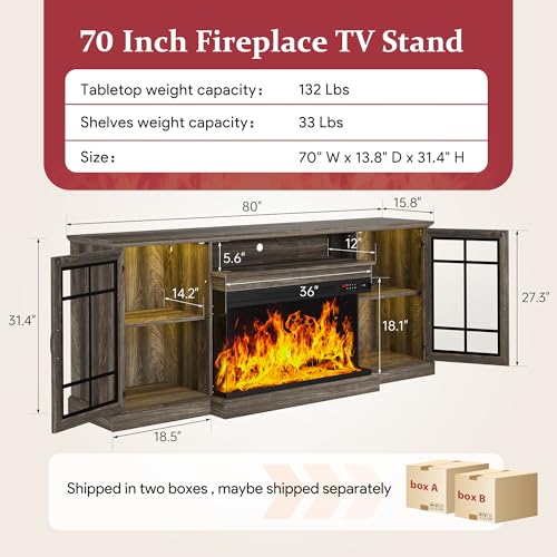 Image of MXV 70'' Fireplace TV Stand, Farmhouse Entertainment Center with 3 Sided Glass TV Stand, Modern Media Console Table with Storage Drawers & Cabinets with LED Flame and Lights for Living Room, Gray