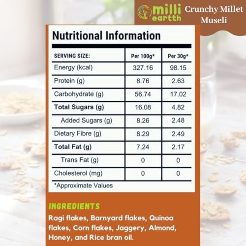 Image of millieartth Millet Muesli with Almond and Honey 350g (Pack of 2) | Ragi Barnyard Millet Quinoa Corn Cereal | Ready to Eat Breakfast Mix | With Almonds, Honey and Jaggery