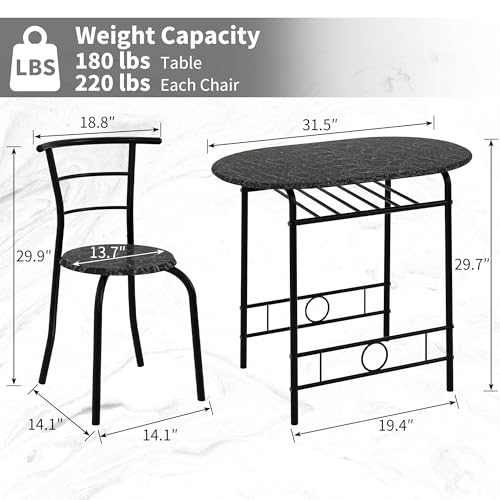 Image of VECELO 3-Piece Dining Table Set for Kitchen Breakfast Nook, Wood Grain Oval Tabletop and Metal Frame with Built-in Wine Rack, for Small Spaces, Faux Marble Black