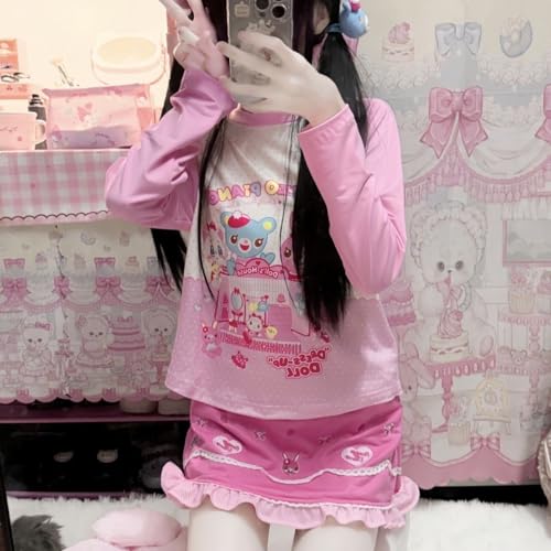 Sweet Cartoon Print Pink O-Neck T Shirts Women Long Sleeve Tees Y2k Aesthetic Grunge Cropped Tee4