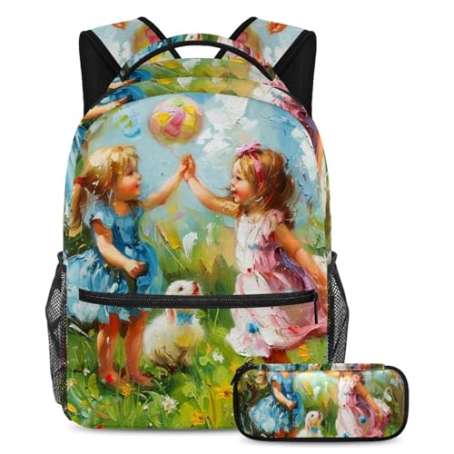 Cartable enfant 3 pièces avec sac à dos et trousse, motif peinture à l'huile mignon en taille L
