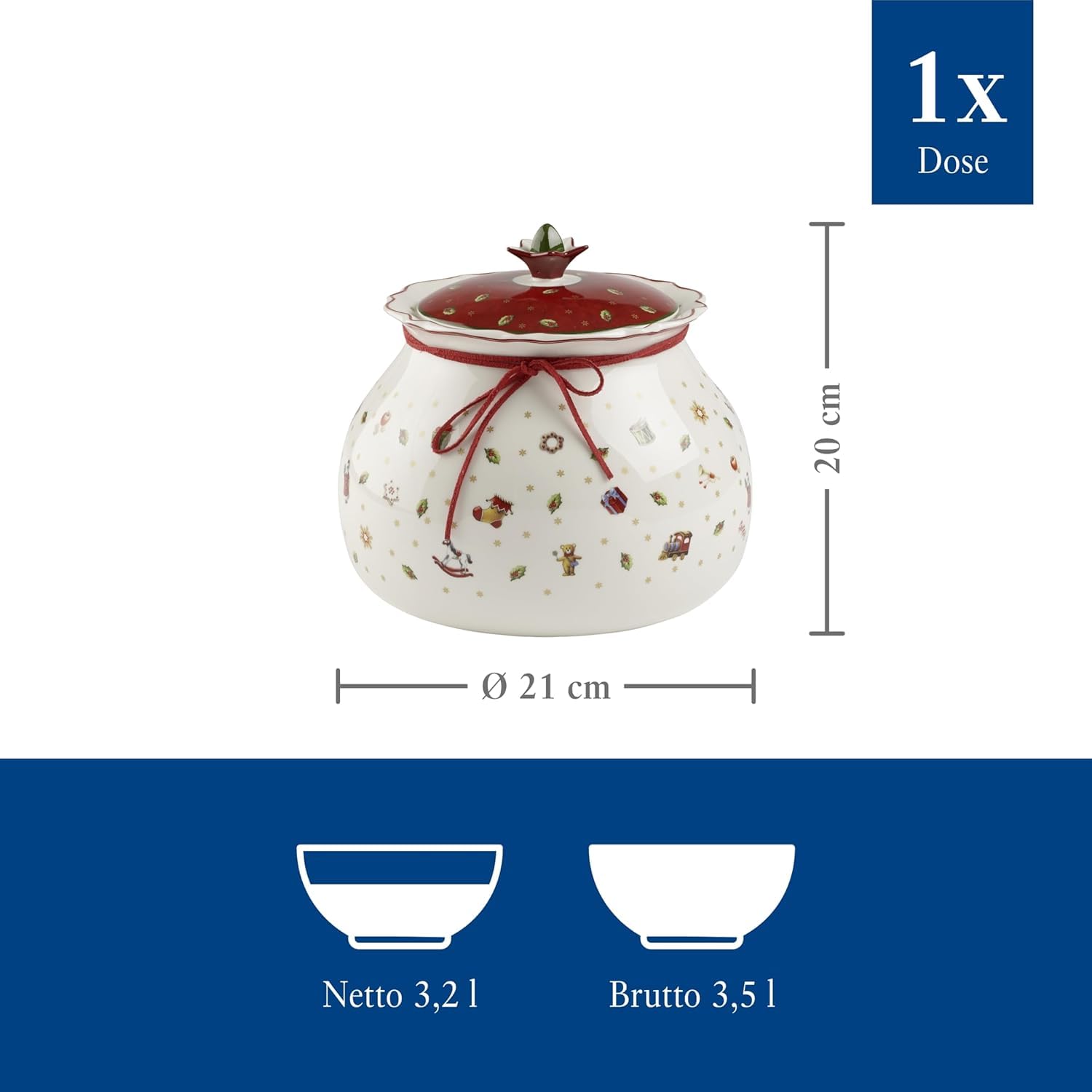Villeroy & Boch Toy's Delight Dosen-Set 3-teilig, Vorratsdosen in 3 Größen (14 cm / 20 cm / 21 cm), Gebäckdosen/Keksdosen mit Weihnachtsdekor, Premium Porzellan, Weiß/Rot