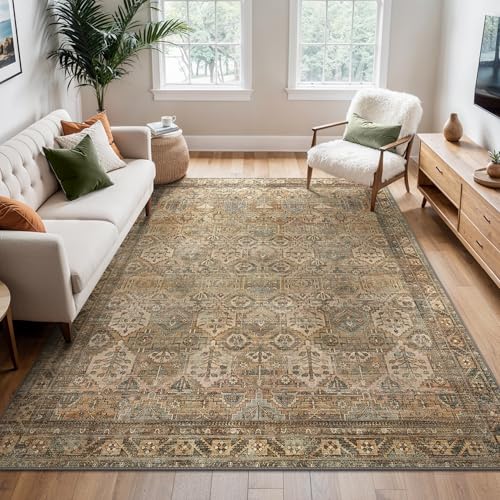 BEIMO 200x290cm Area Rugs for Bedroom,Vintage Boho Carpets for Living Room Non Slip Machine Washable Rug Short Low Pile Rug for Kitchen Dining, Hallway, Office-Olive Green