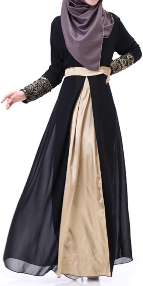 Highdas Women Muslim Long Sleeve Kaftan Abaya Dress Middle East Chiffon Splice Islamic Clothing
