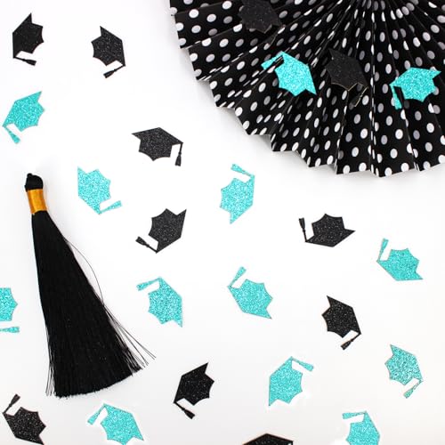 Image of 200PC Black Teal Grad Cap Graduation Confetti for Table Glitter Graduation Hat Table Scatter for Class of 2026 Grad Party Decorations