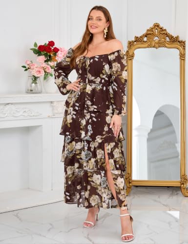 Image of EYWOL Plus Size Long Sleeve Floral Tiered Semi Formal Wedding Guest Dress | Chiffon Maxi, On or Off Shoulder, Flowy A-Line, Side Slit, Elastic Back Waist, Cocktail, Dinner Party, Engagement, Prom, Gala
