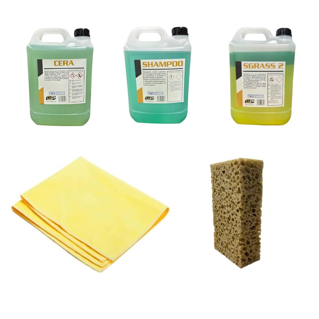 GPDESIGN KIT LAVAGGIO COMPLETO AUTO MOTO CAMION E FURGONI 5 PEZZI. COMBO14 COMPOSTO DA 3 TANICHE DA 5KG OGNUNA DI CERA SHAMPOO SGRASSANTE, SPUGNA FORMATO MAXI 22X12X6 E PELLE SINTETICA.