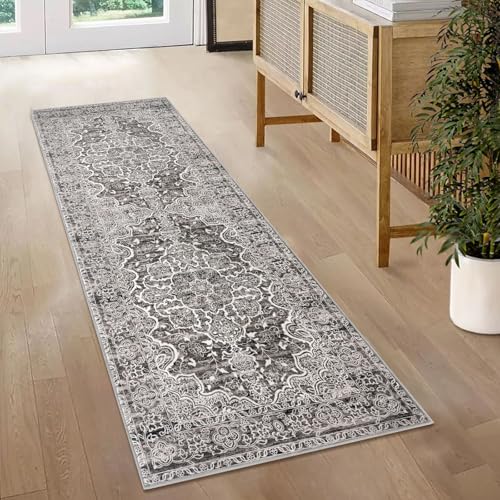 KUTA Vintage Floral Washable Runner Rug, 2x5 Runners Non-Slip Tan Grey 5ft Hallway Kitchen Rugs Ultra Soft Printed Distressed Tribal Farmhouse Carpet for Bedroom Entryway Decor