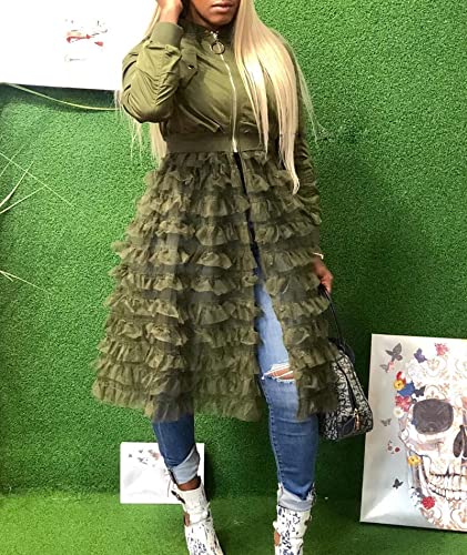 ECDAHICC Women's Mesh Patchwork Bomber Jacket Casual Long Sleeve Zipper Open Front Lace Ruffle Hem Coat Dress(AG,3XL)2