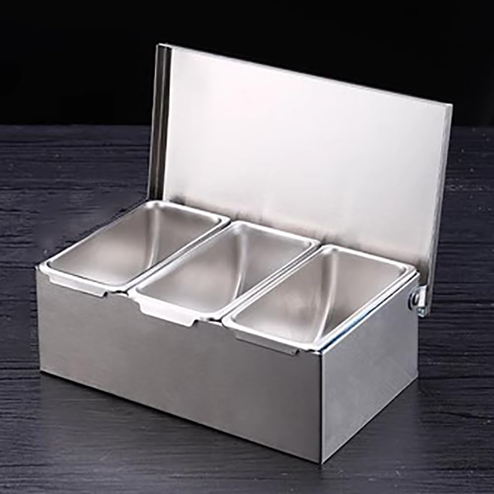 GTHTUHFD Kitchen Buffet Ingredient Containers, Condiment Prep Station With Lid, Stainless Steel Food Service Tray With Lid And Spoon, 2-8 Compartment Countertop Stand,7 Grids,3 Grids