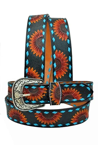 Western Tooled Hand Finished Sunflower and Buckstitch Leather Belt For Men and Women 30AB119