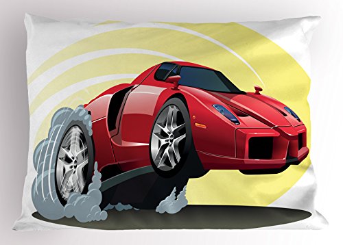Ambesonne Cars Pillow Sham, Powerful Cartoon Red Car Speeding Jumping with Smoke Coming Out of Giant Tires, Decorative Standard Size Printed Pillowcase, 26