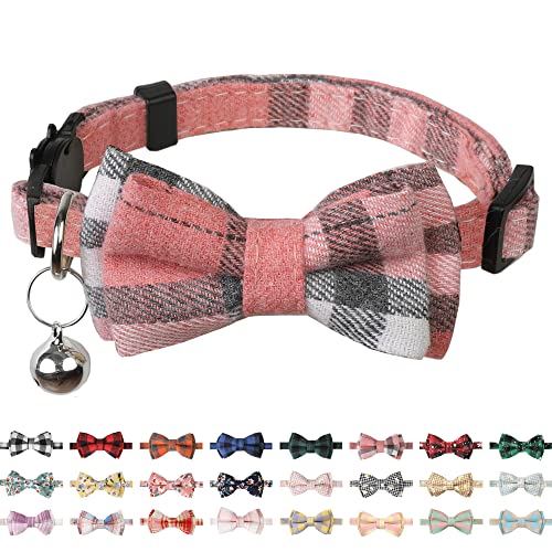 Image of Cat Collar Breakaway with Cute Bow Tie and Bell,Personalized Cute Plaid & Flower Patterns,1 or 2 Pack Gift for Adjustable Kitten Safety Collars (Pink)